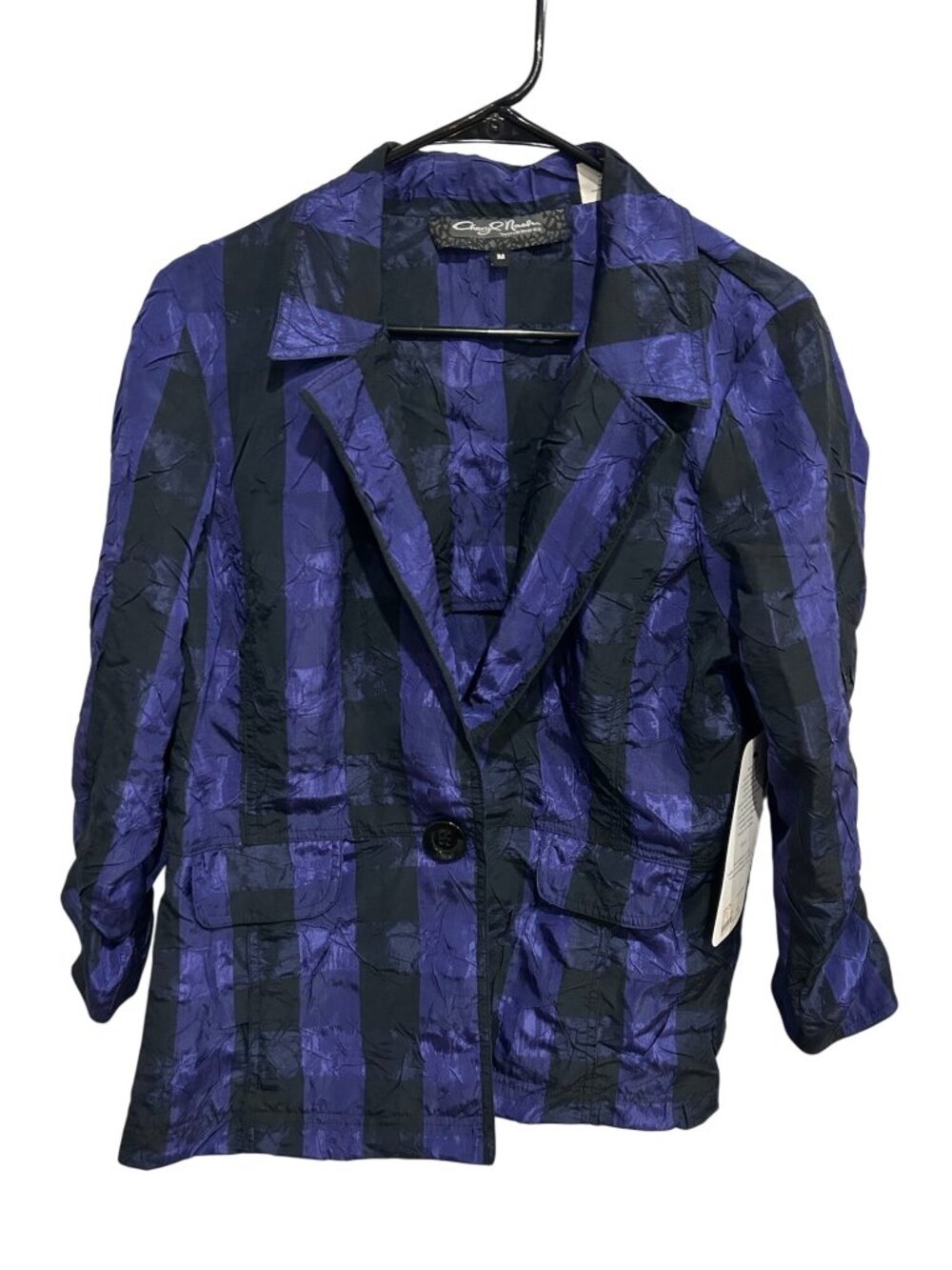 Cheryl Nash Medium Purple Black Striped Crinkle Jacket Blazer Kitschy NWT
